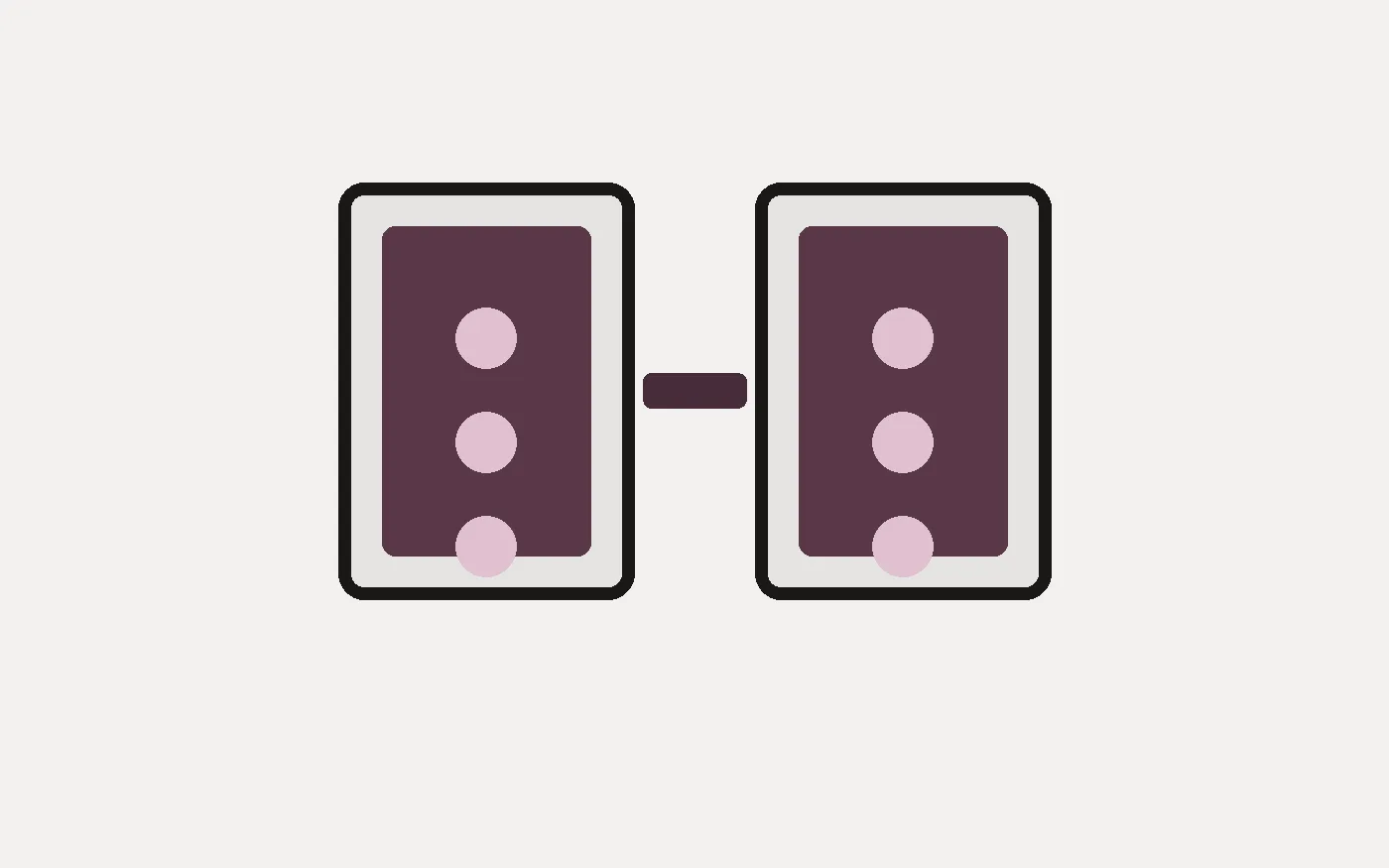 Abstract tile-pair mark with two matching upright tiles and sand pip dots on mist paper.